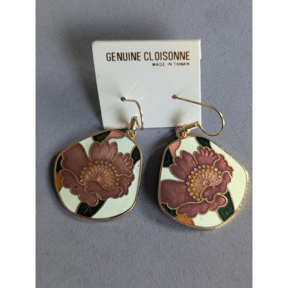 Genuine Cloisonné Pink Peony Flower Dangle Earrings Floral NOS Made in Taiwan